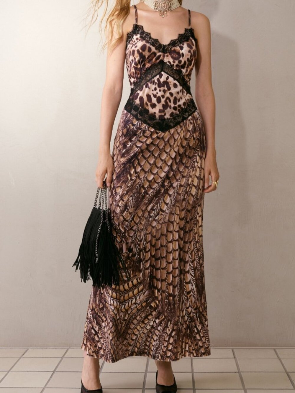 Rust Brown & Brown Elegant Women's Contrast Lace Spaghetti Strap Maxi Dress